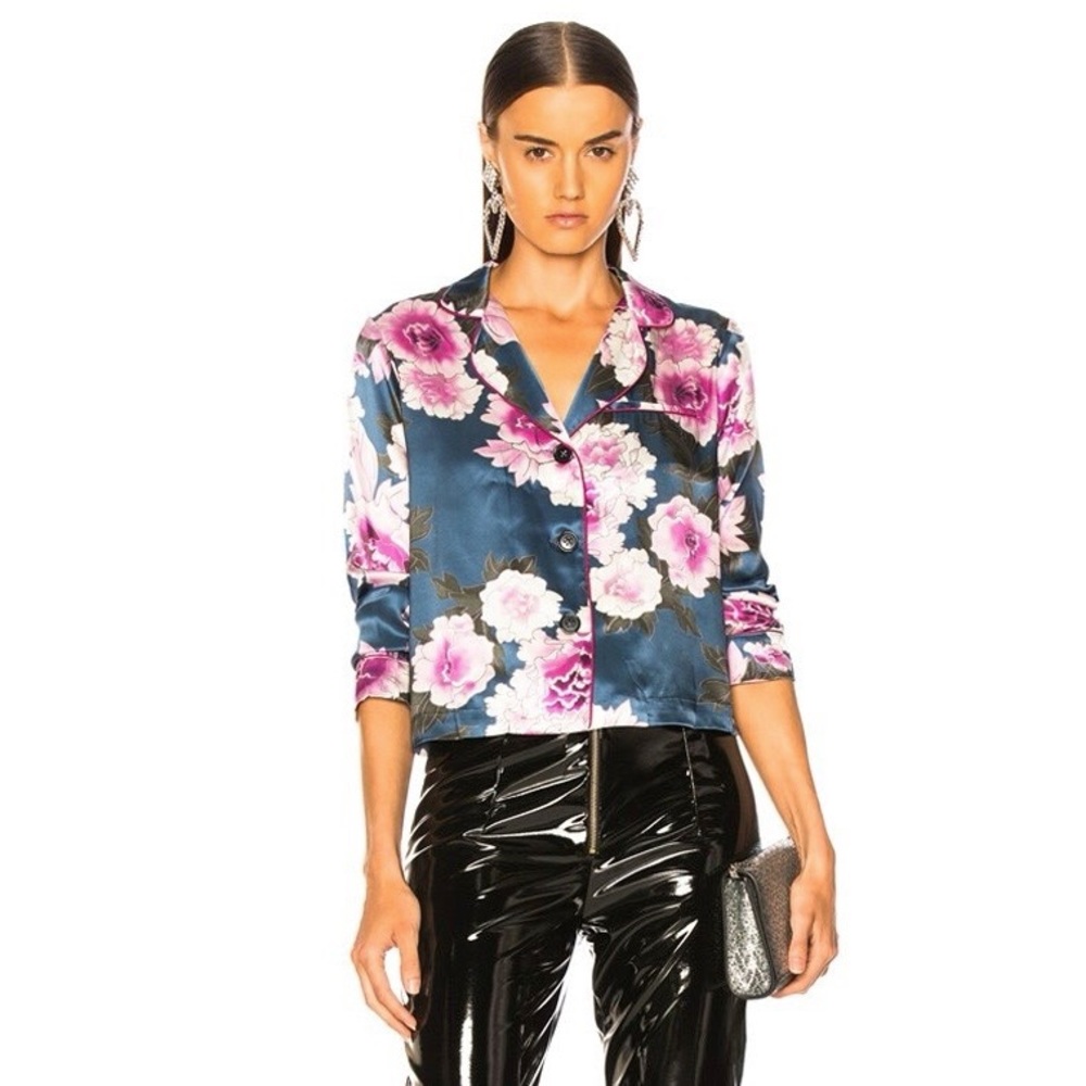 Fleur Du Mail Silk Pajama Top in Caspian Floral
